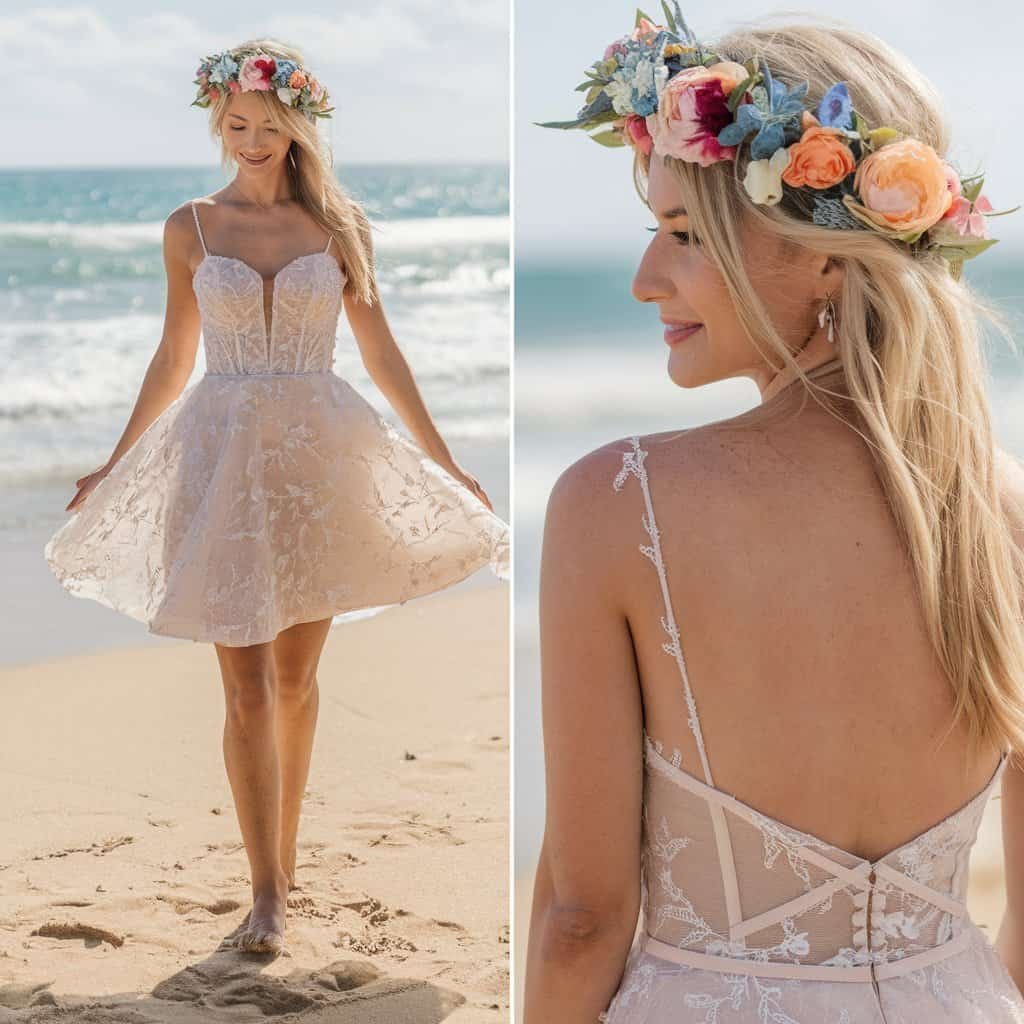 Playful mini short wedding dress with a sweetheart neckline, perfect for a summer seaside celebration