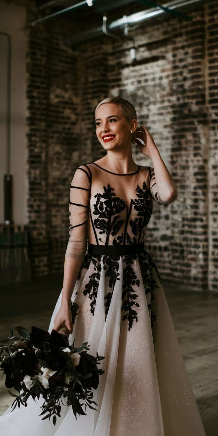 Bride in a sheer black wedding dress with illusion panels and lace detailing, exuding modern elegance.
