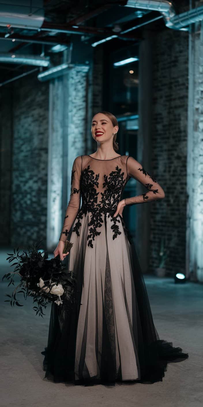 Stylish black gown featuring strategically placed lace and sheer elements, perfect for city weddings.