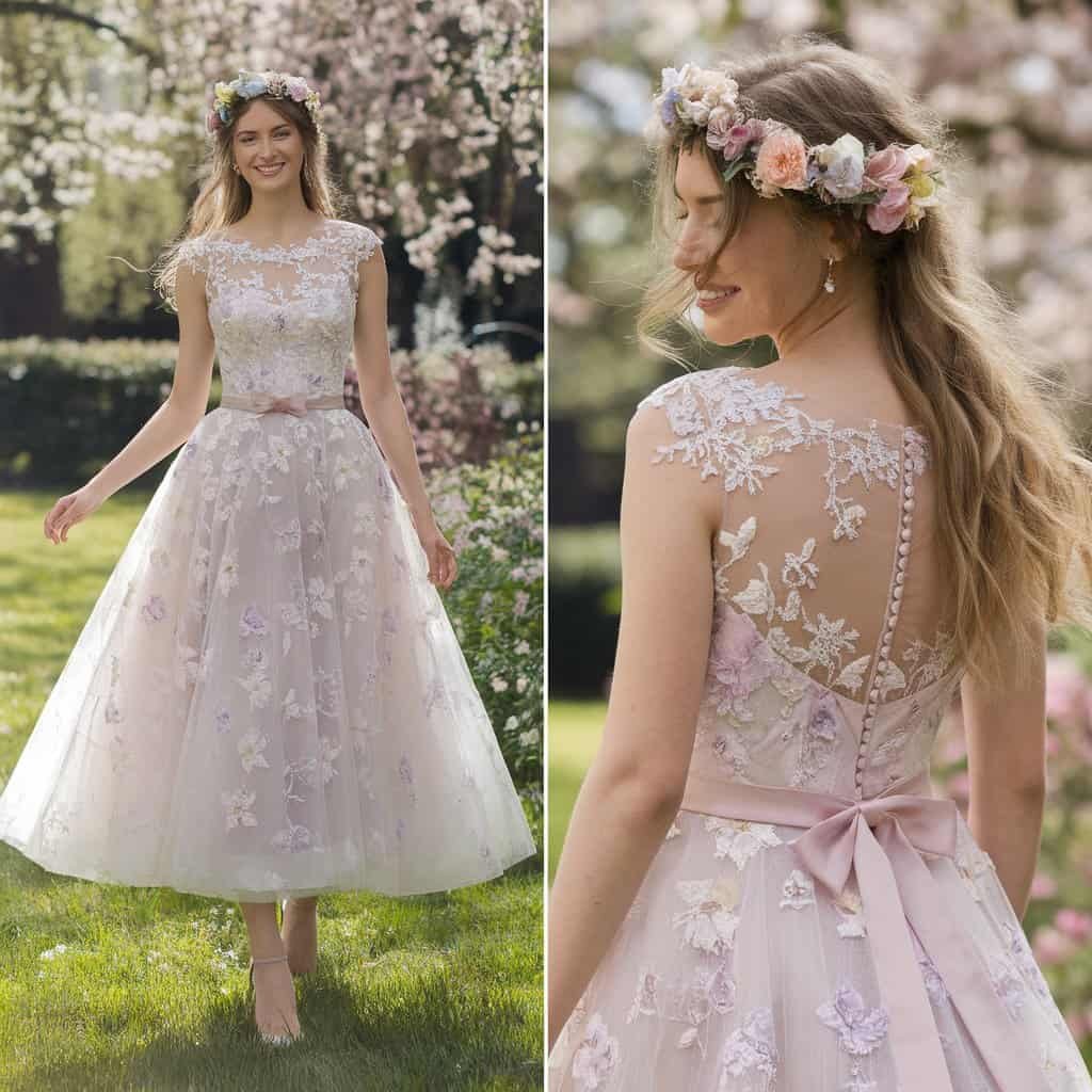 Bride in a whimsical floral tea-length short wedding dress with lace appliqué, posing in a blooming garden