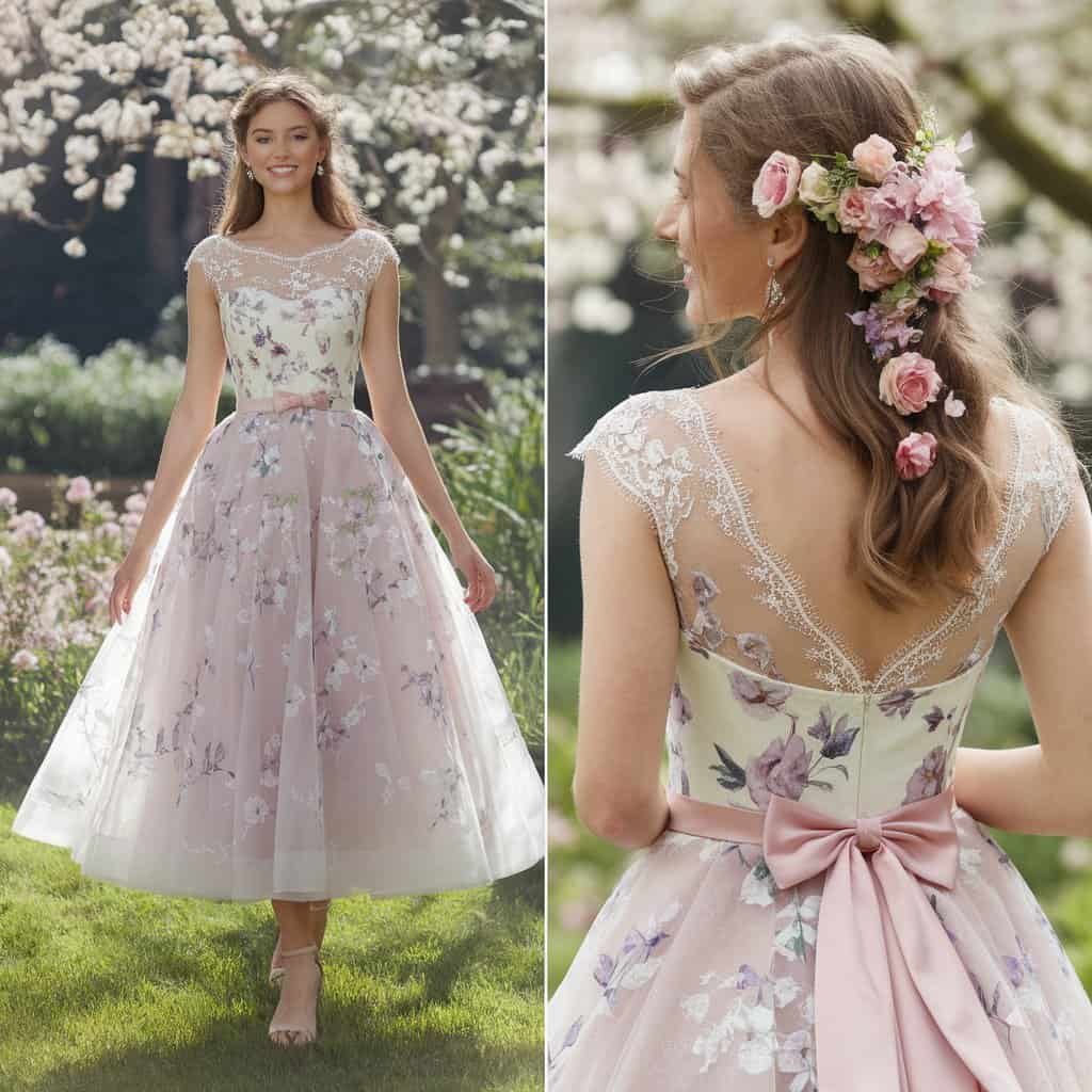 Delicate tea-length short wedding dress featuring a floral print and tulle overlay, perfect for a spring wedding