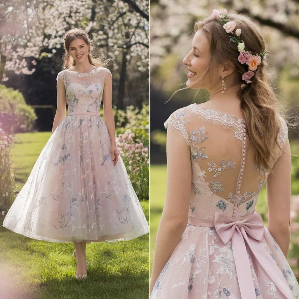 Back view of a bride wearing a floral short wedding dress with a fitted bodice and playful bow, surrounded by spring blooms