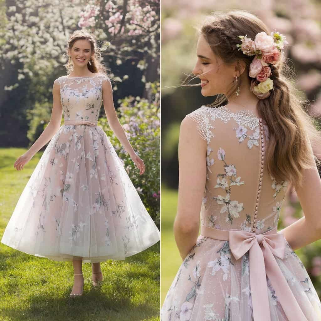 Front view of a bride in a tea-length short wedding dress, adorned with intricate lace, radiating joy in a sunny garden
