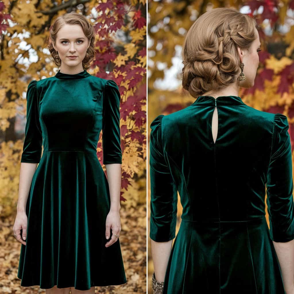 Front view of a bride wearing an emerald green short wedding dress, styled with antique jewelry against a fall backdrop.