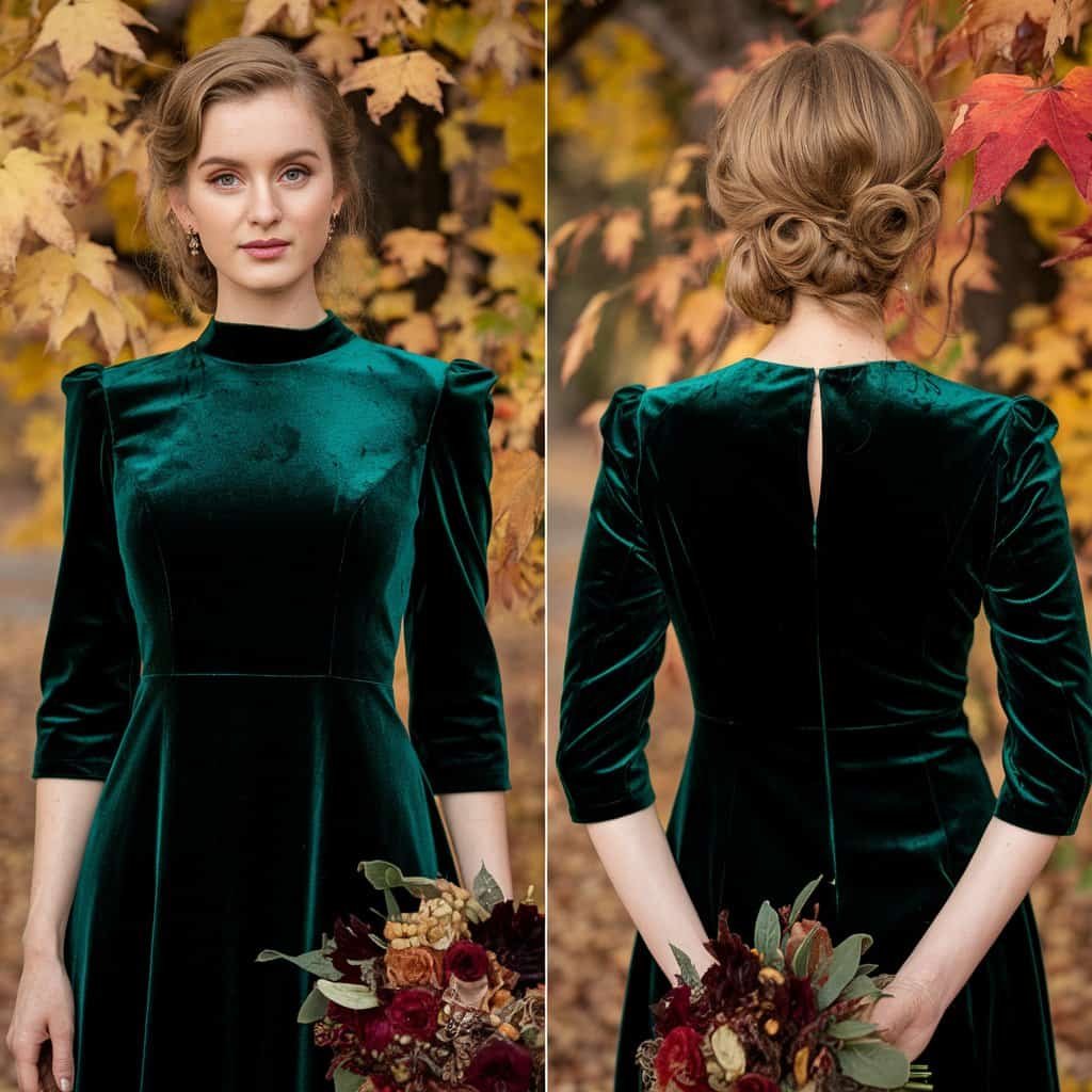 Back view of a bride in a vintage velvet short wedding dress showcasing a keyhole detail, surrounded by autumn colors.