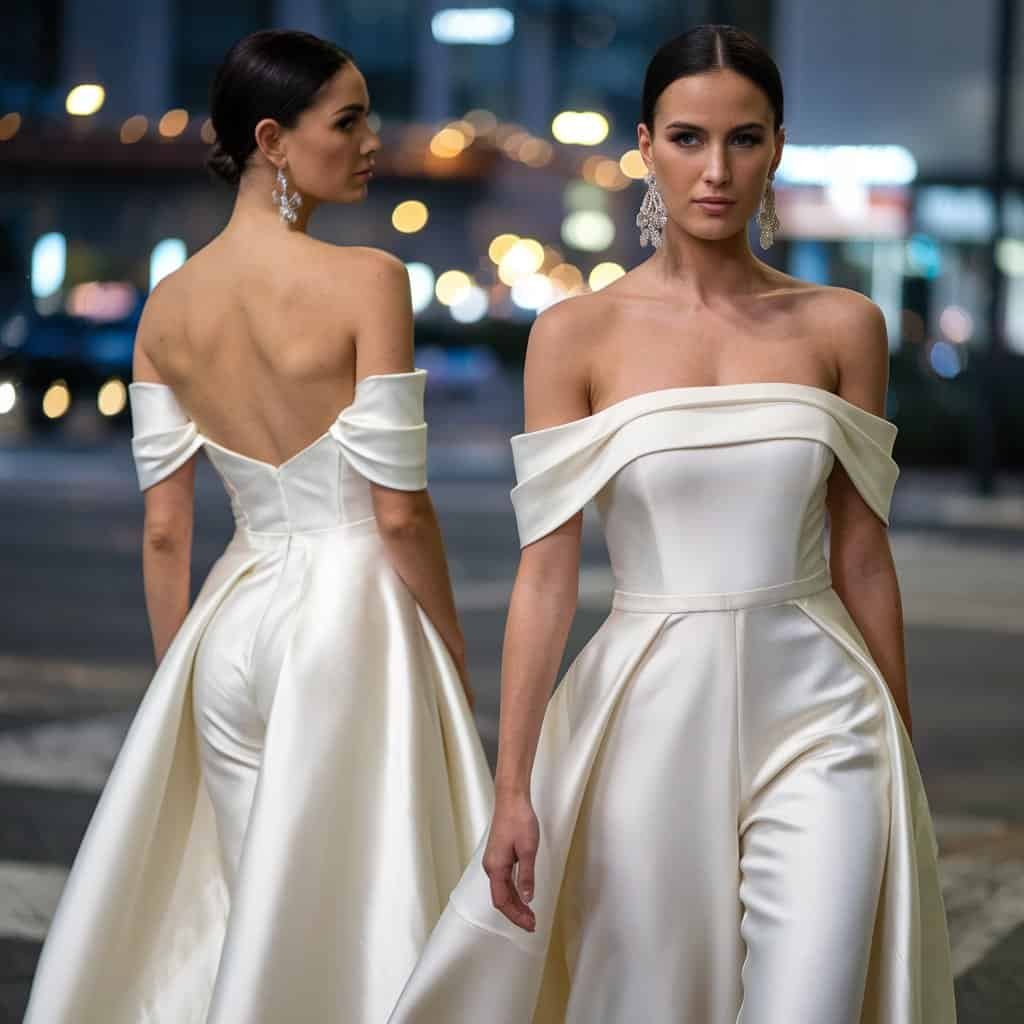Back view of a bride in a stylish off-the-shoulder short wedding dress jumpsuit, showcasing a daring open back