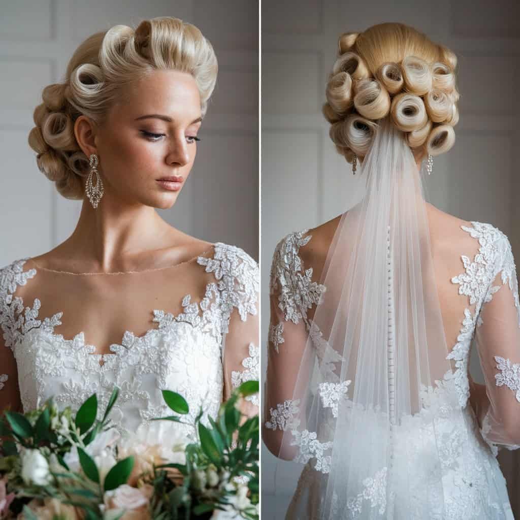 A side view of a bride with pin curls, emphasizing the soft waves and flattering curls that enhance her features