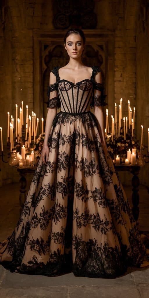 Bride in a bold long sleeve wedding dress, illuminated by candlelight in a cathedral setting.
