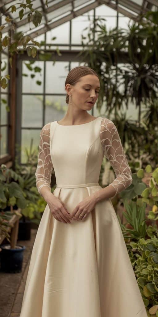 Convertible long sleeve wedding gown with eco-friendly materials, transitioning from ceremony to reception.
