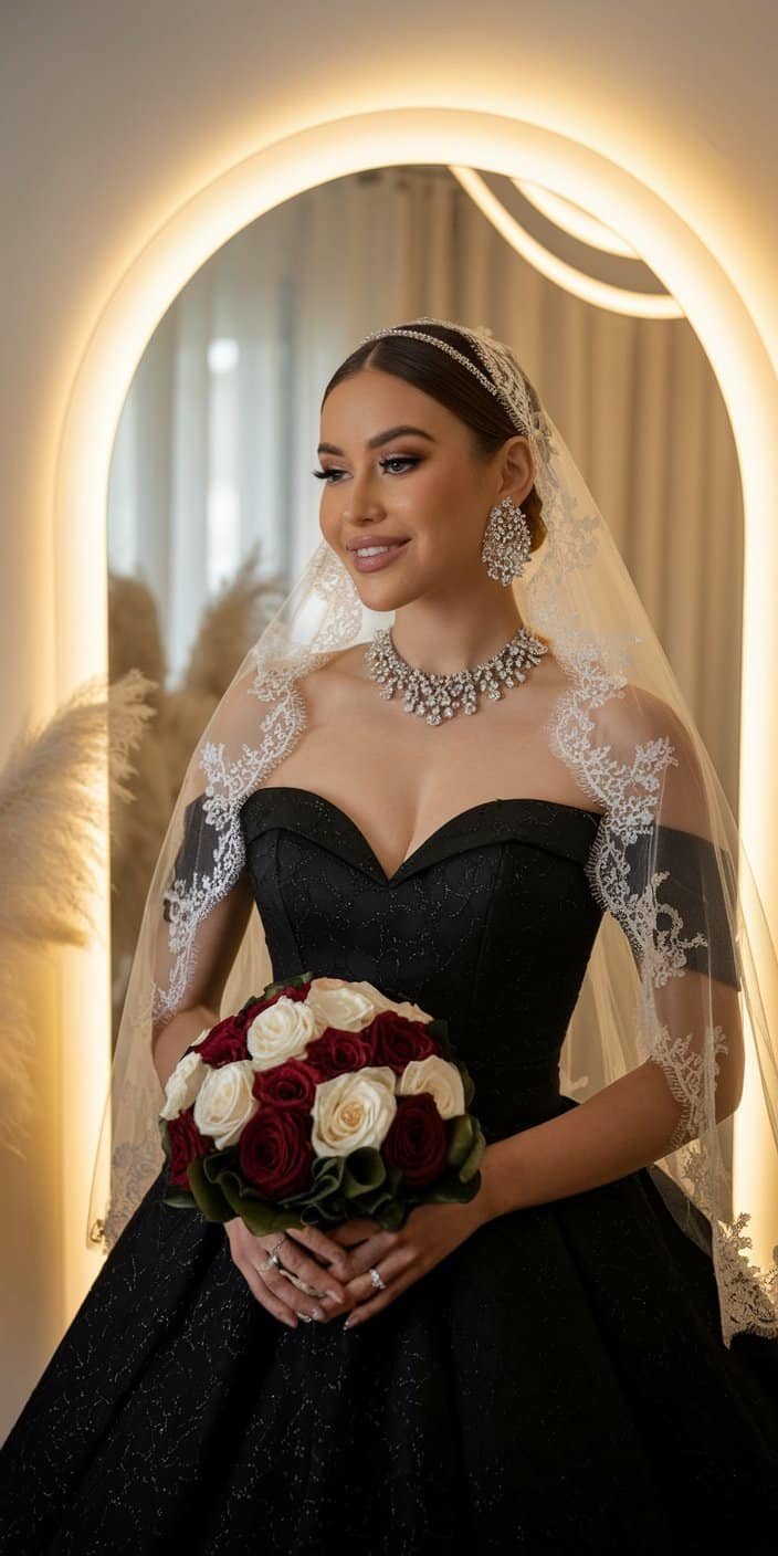 Bride with smokey eye makeup, bold red lips, and a sleek updo paired with a black wedding dress.