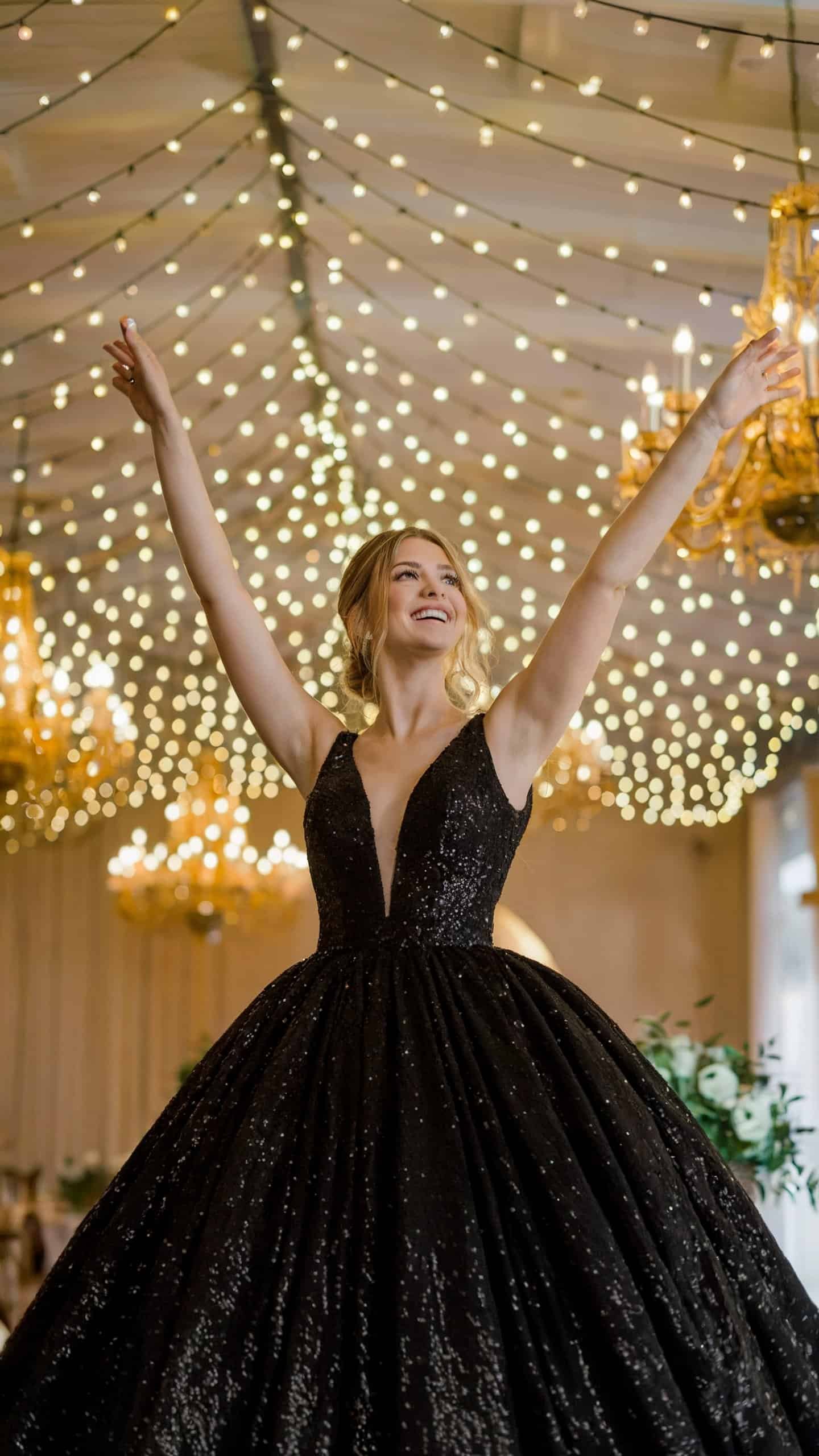Bride glowing under chandeliers in a sparkling black ball gown paired with crystal accessories.