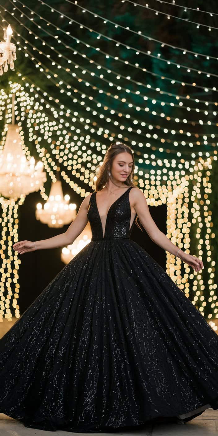 Bride twirling in a dazzling black sequined ball gown with a plunging neckline and voluminous skirt.