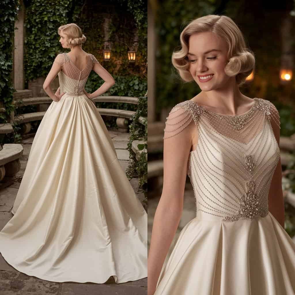 Classic vintage wedding dress inspired by Audrey Hepburn's iconic fashion.