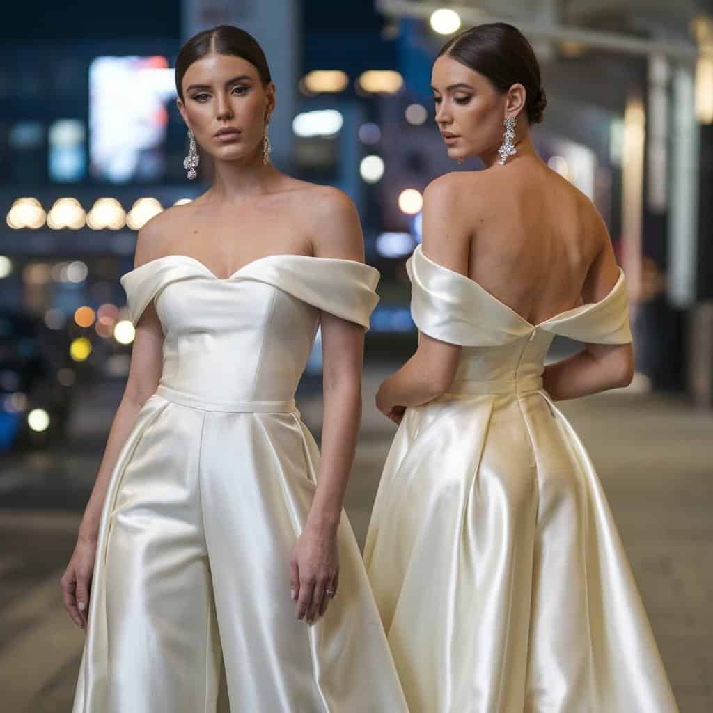 Bride in a chic off-the-shoulder jumpsuit, a modern take on the short wedding dress, posing in an urban landscape