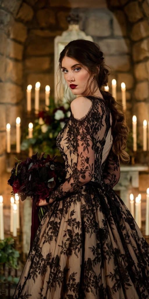 Dramatic bride in a gothic-inspired long sleeve wedding dress with a black lace overlay.
