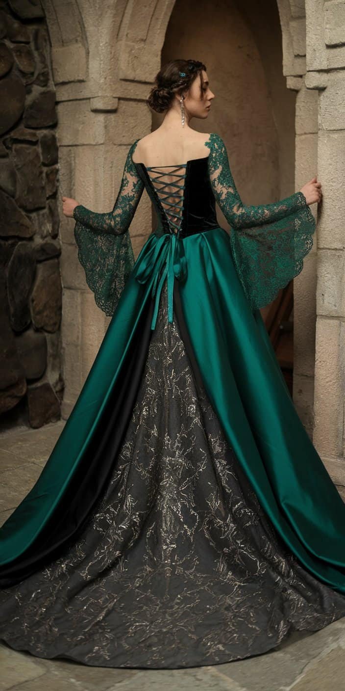 Gothic Wedding Dress with a cathedral train and dramatic lace accents, designed for a darkly enchanted ceremony