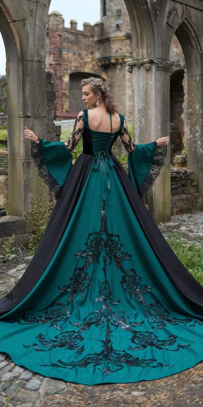 Regal Gothic Wedding Dress with emerald green and black colors, perfect for a medieval-themed wedding.