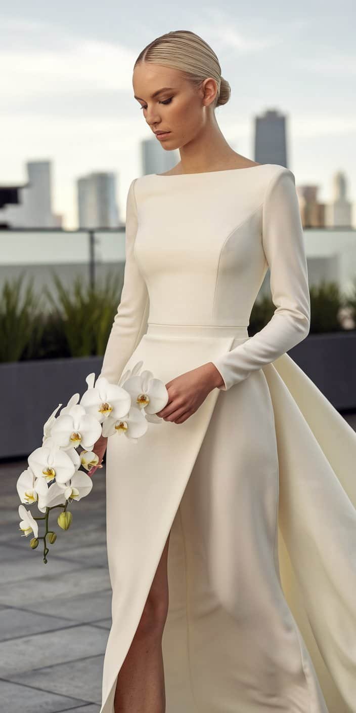 Modern minimalist long sleeve wedding dress with tailored sleeves and clean lines, exuding sophistication.
