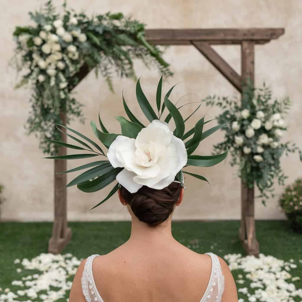 The back of a bride with an oversized headband, revealing the sleek updo and the statement piece in all its glory.