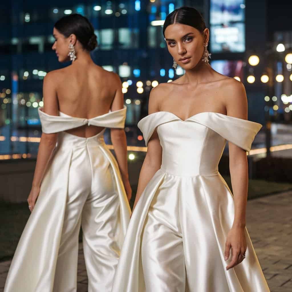 Elegant silk satin short wedding dress jumpsuit featuring wide-leg pants and a fitted bodice, perfect for any season