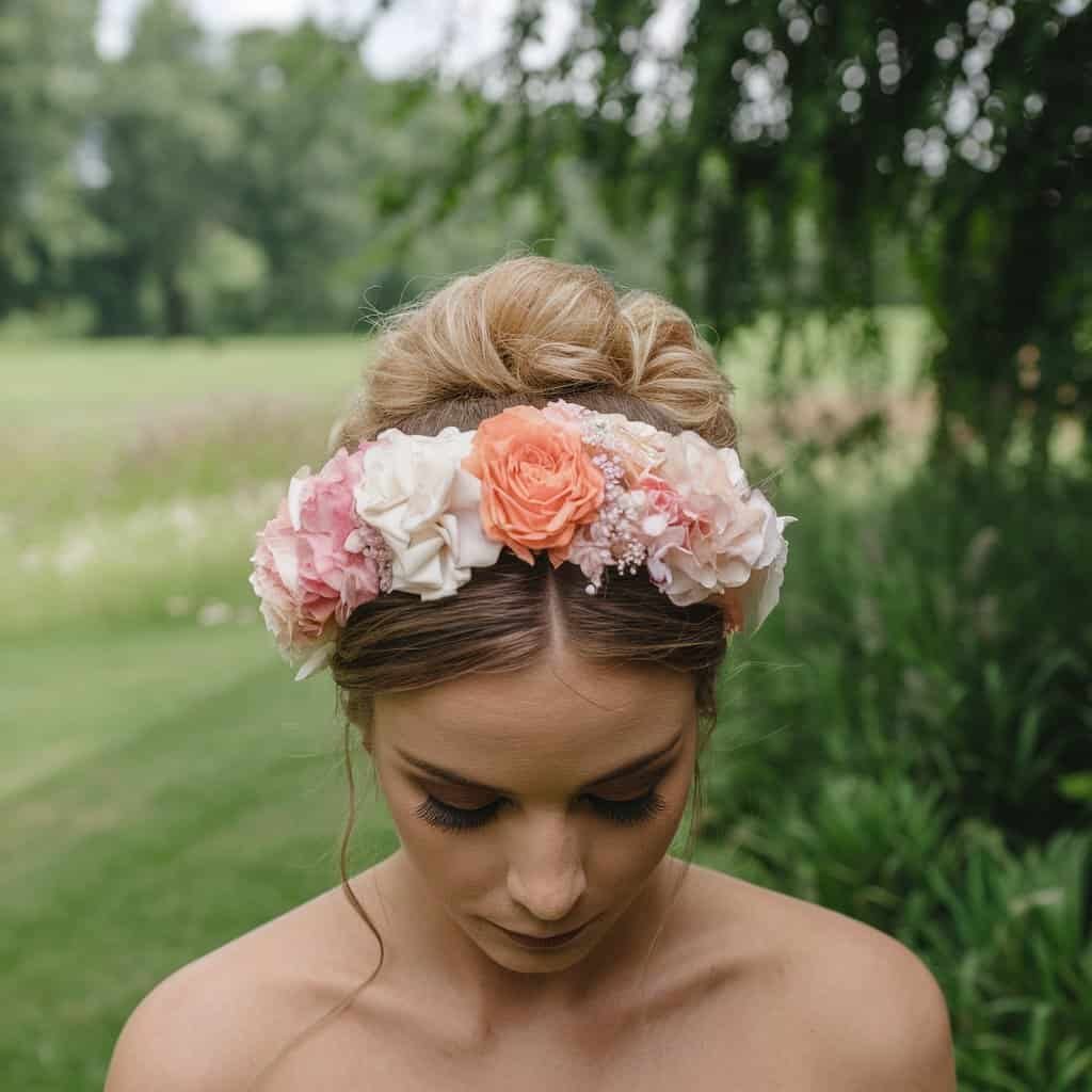 Close-up of a bride’s oversized headband, highlighting the bold design and the way it frames her face.