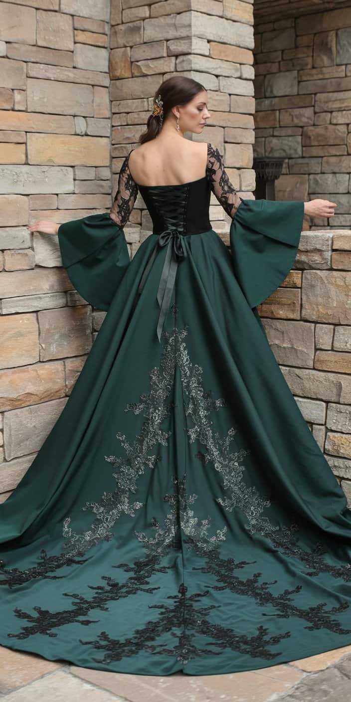Medieval Gothic Wedding Dress featuring bell sleeves, a corset back, and metallic embroidery for a dramatic bridal look