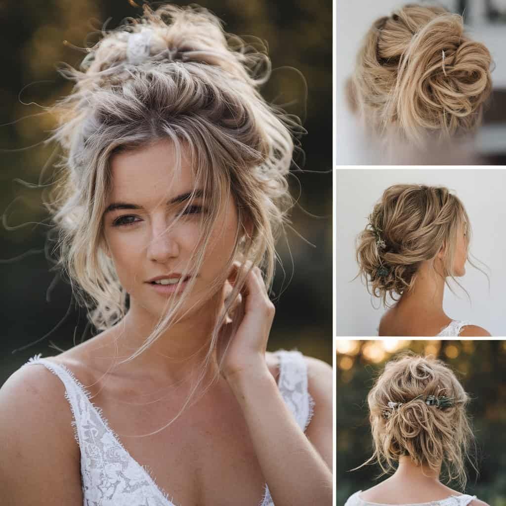 A side view of a bride’s messy bun, highlighting the relaxed elegance of the style with soft curls and wisps that add a whimsical touch.