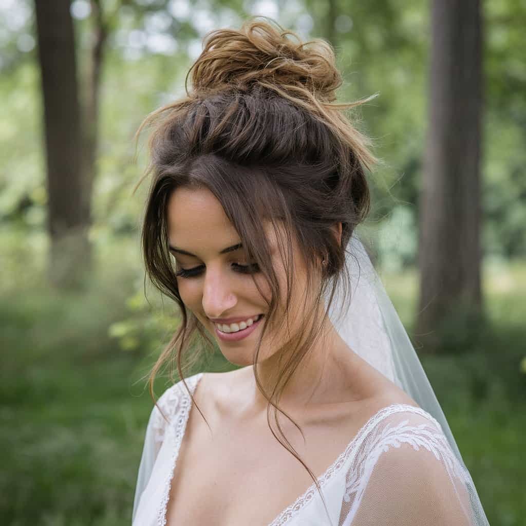 Front View: "A bride with a carefree messy bun, loose strands artfully cascading around her shoulders and softly framing her face, creating a relaxed and romantic vibe