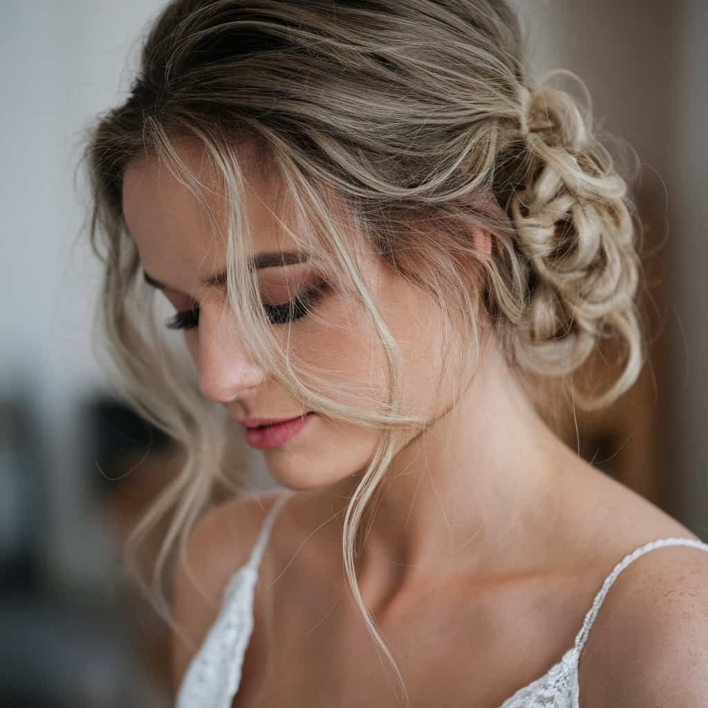 The back of a bride with a messy bun, revealing the effortless style and any decorative flowers or hairpieces tucked into the bun, enhancing the overall charm