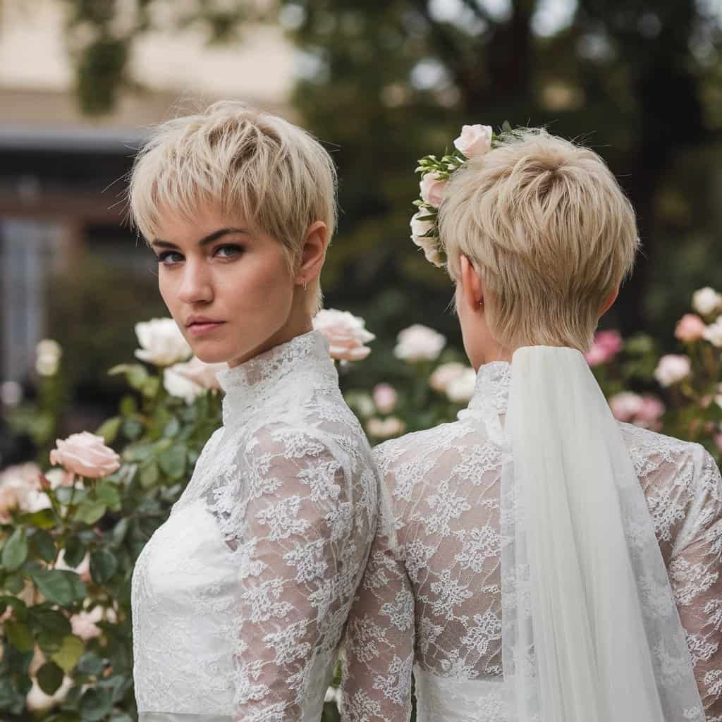 The back of a bride with a punk pixie cut, revealing the textured layers and overall contemporary look