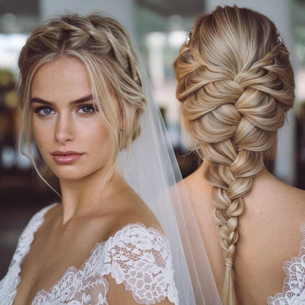 Close-up of a messy bun hairstyle on a bride, showcasing the tousled texture and soft waves, perfect for a casual wedding atmosphere.