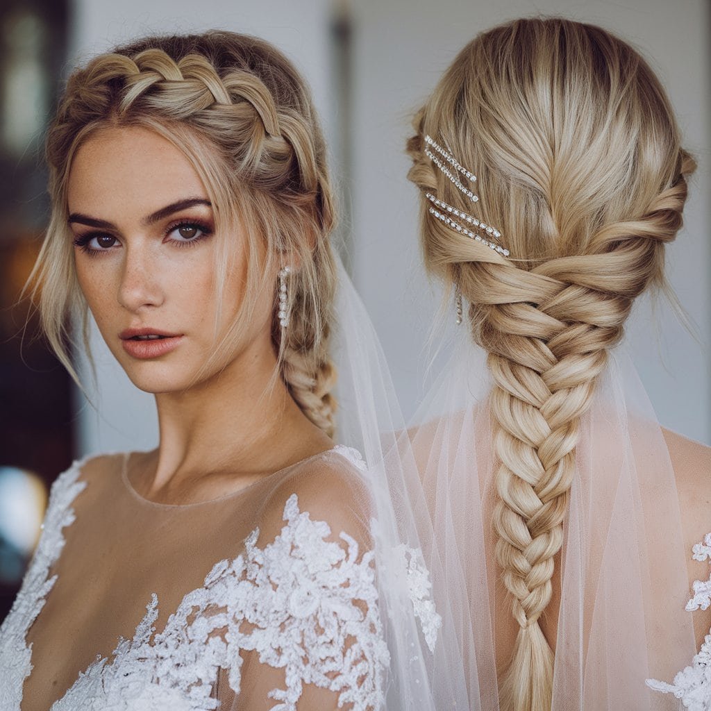 Close-up of a messy bun hairstyle on a bride, showcasing the tousled texture and soft waves, perfect for a casual wedding atmosphere.
