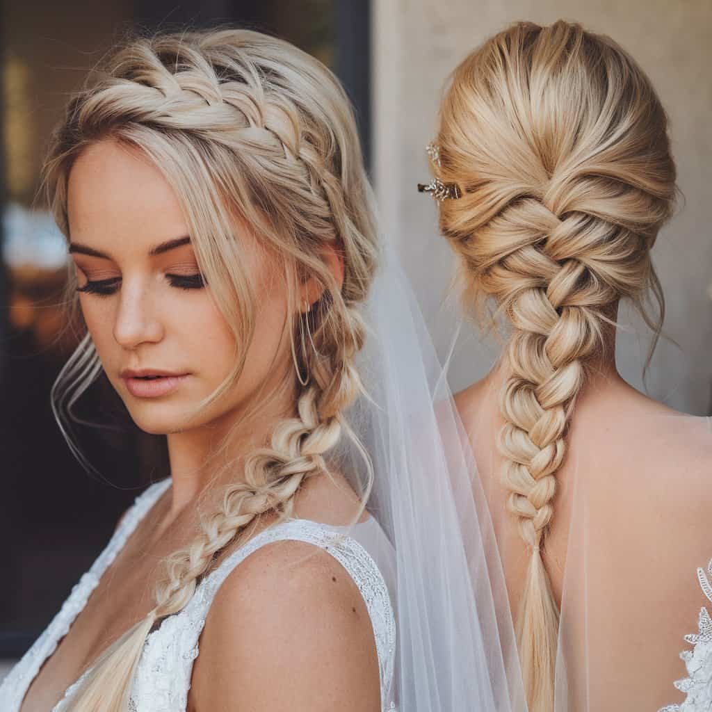 The back of a bride with a fishtail braid, showcasing the elegant design and any decorative accessories woven into the braid