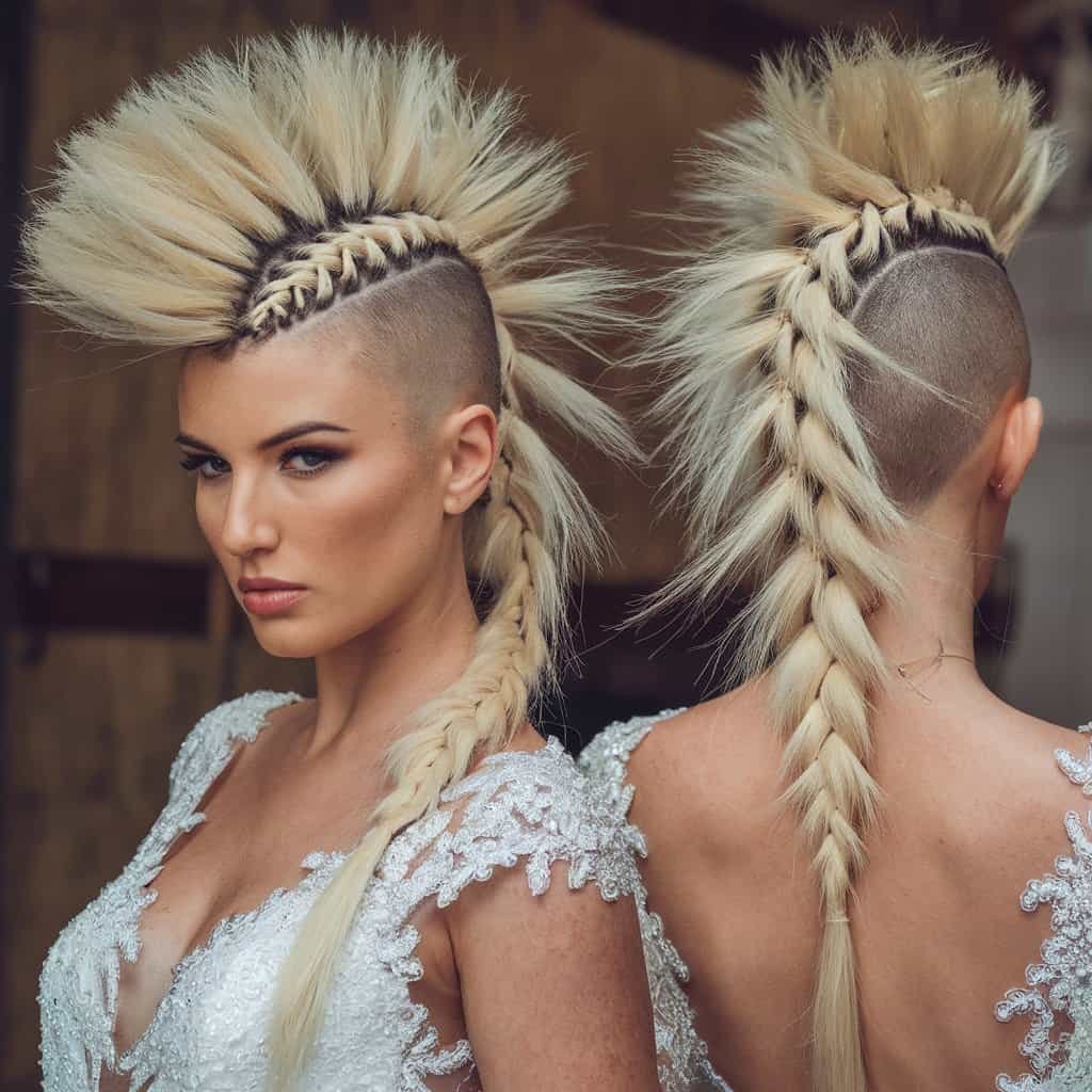 Close-up of a bride’s mohawk braid, highlighting the intricate design and soft strands framing her face