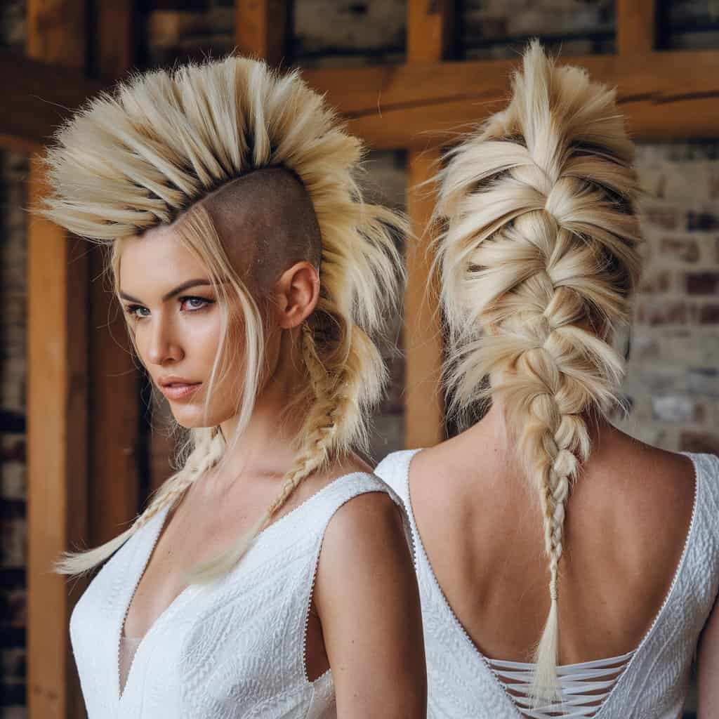 The back of a bride with a mohawk braid, showcasing the detailed craftsmanship and flow of the hairstyle.