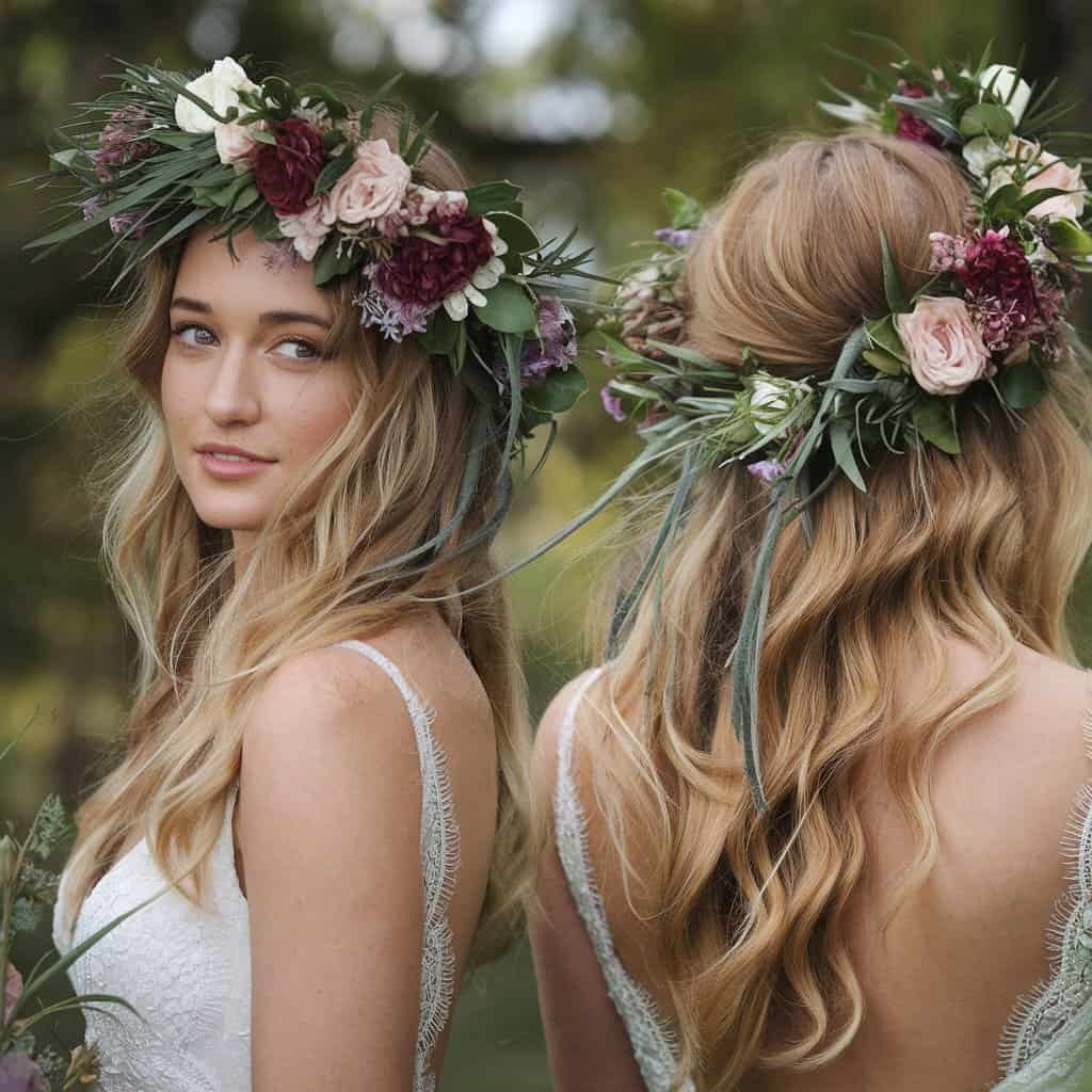 Close-up of a bride’s loose waves, showcasing the soft texture and tendrils framing her face.