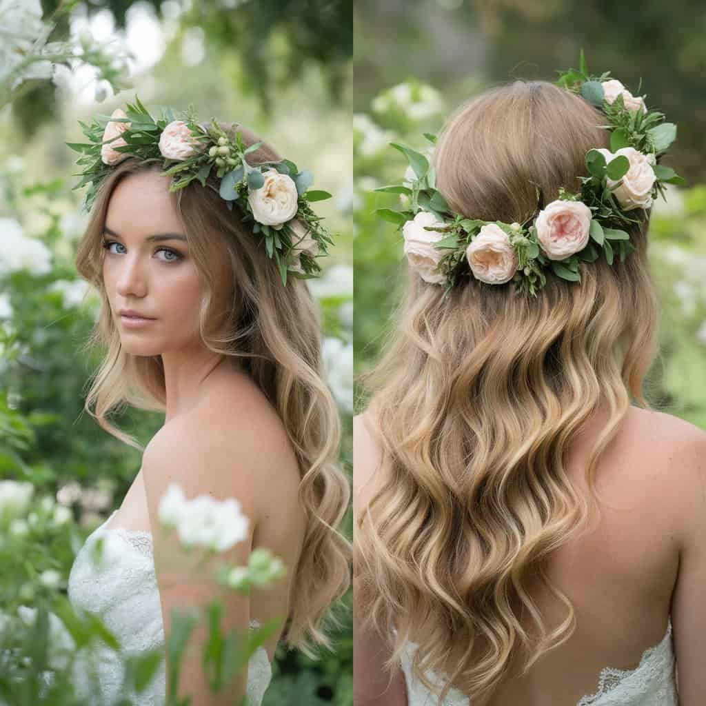A bride with effortlessly beautiful loose waves cascading down her back, creating a relaxed and romantic appearance.