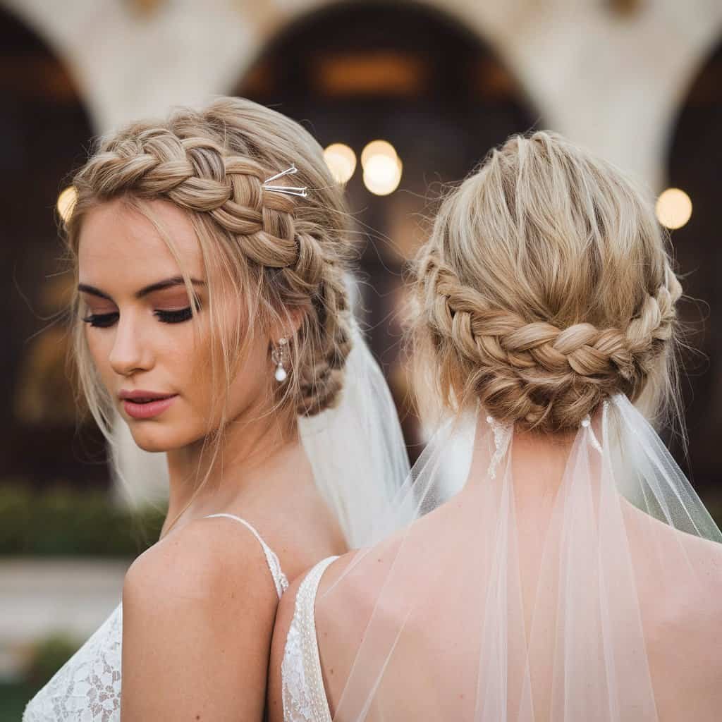 The back of a bride with a fishtail braid, showcasing the elegant design and any decorative accessories woven into the braid