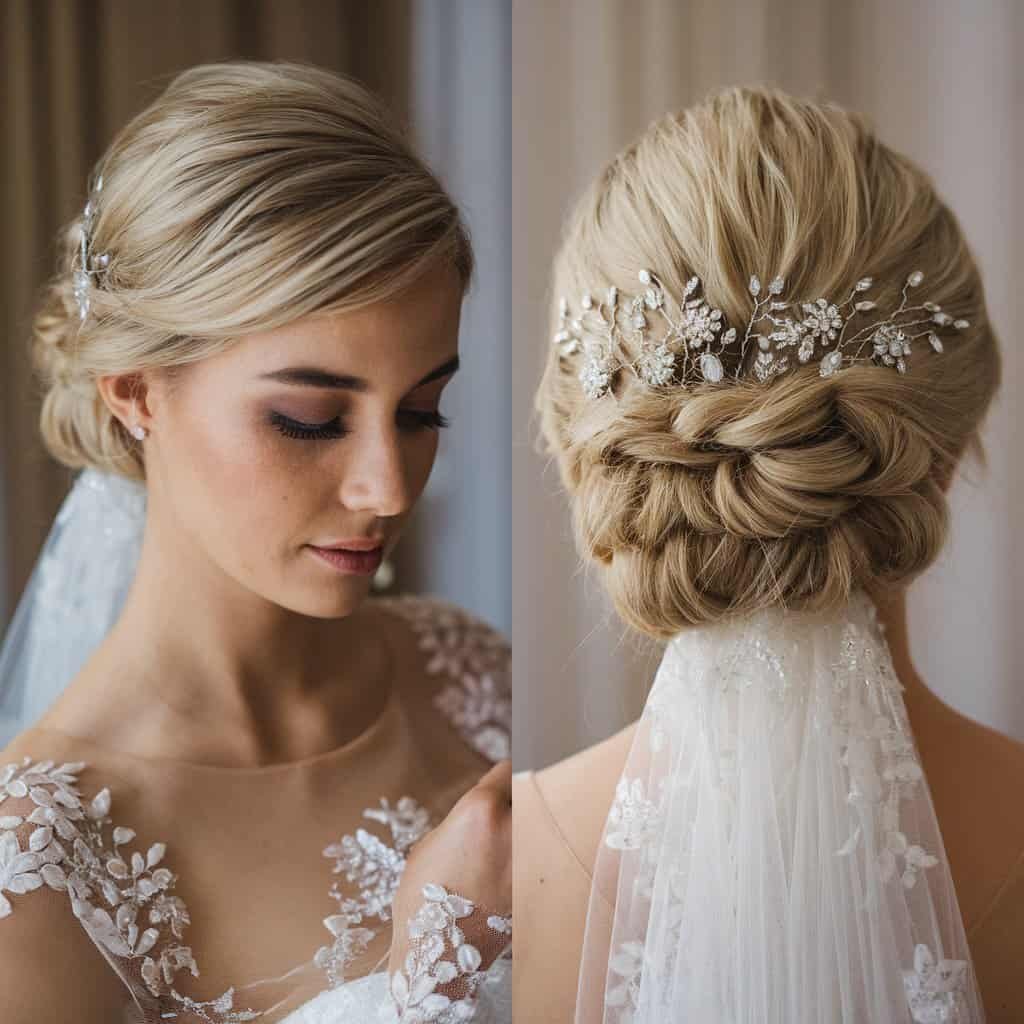 Close-up of a bride’s updo, highlighting the intricate arrangement of sparkling hairpins.