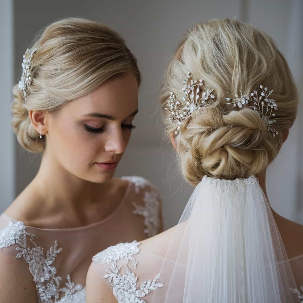 A side view of a bride with an updo, showcasing the refined hairstyle and glimmering accessories