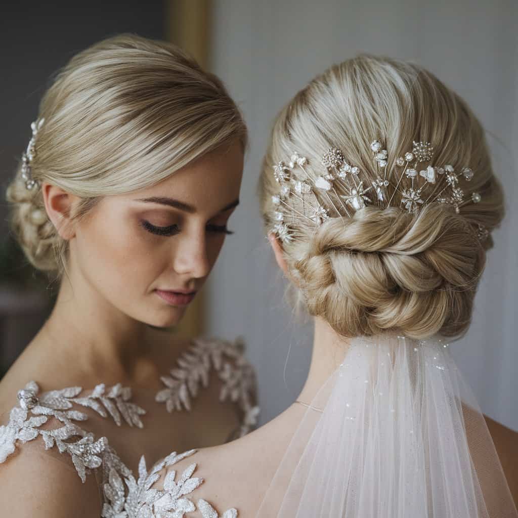 The back of a bride with an elegant updo, revealing the detailed finish and decorative hairpieces