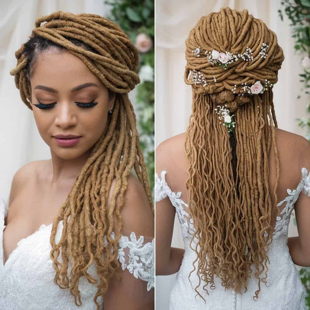 The back of a bride with locs and twists, revealing the intricate arrangement and floral adornments.