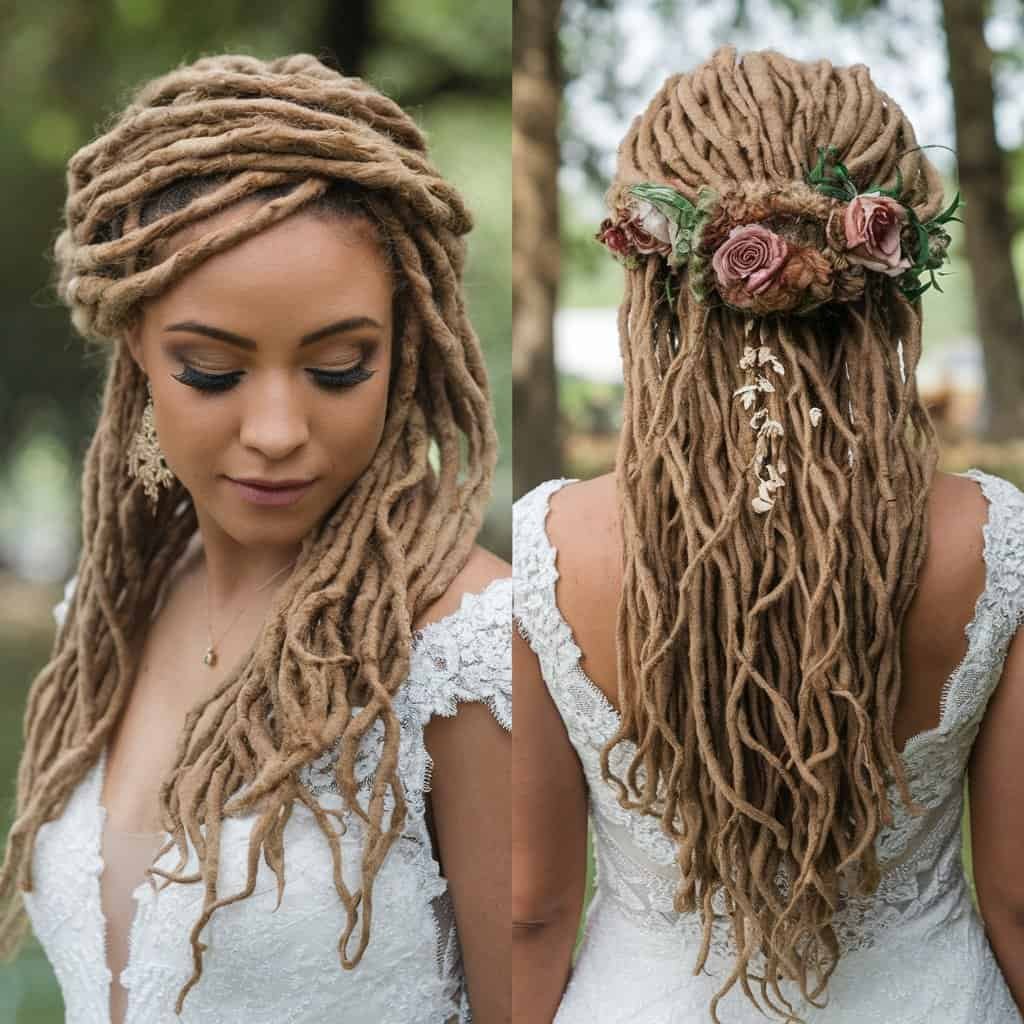 A bride with beautifully styled locs and twists, showcasing intricate designs adorned with delicate floral accents.