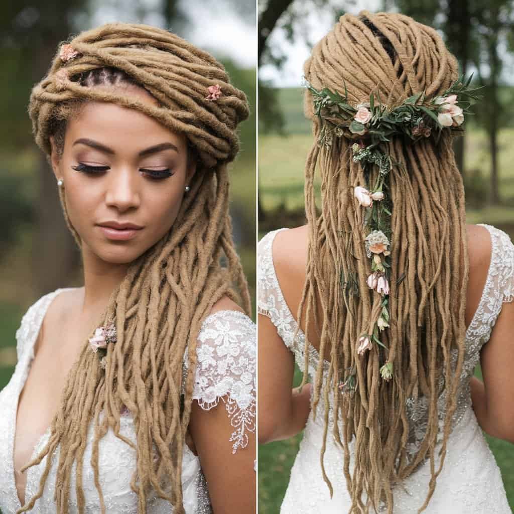 A side view of a bride with locs and twists, emphasizing the detailed craftsmanship and overall beauty.