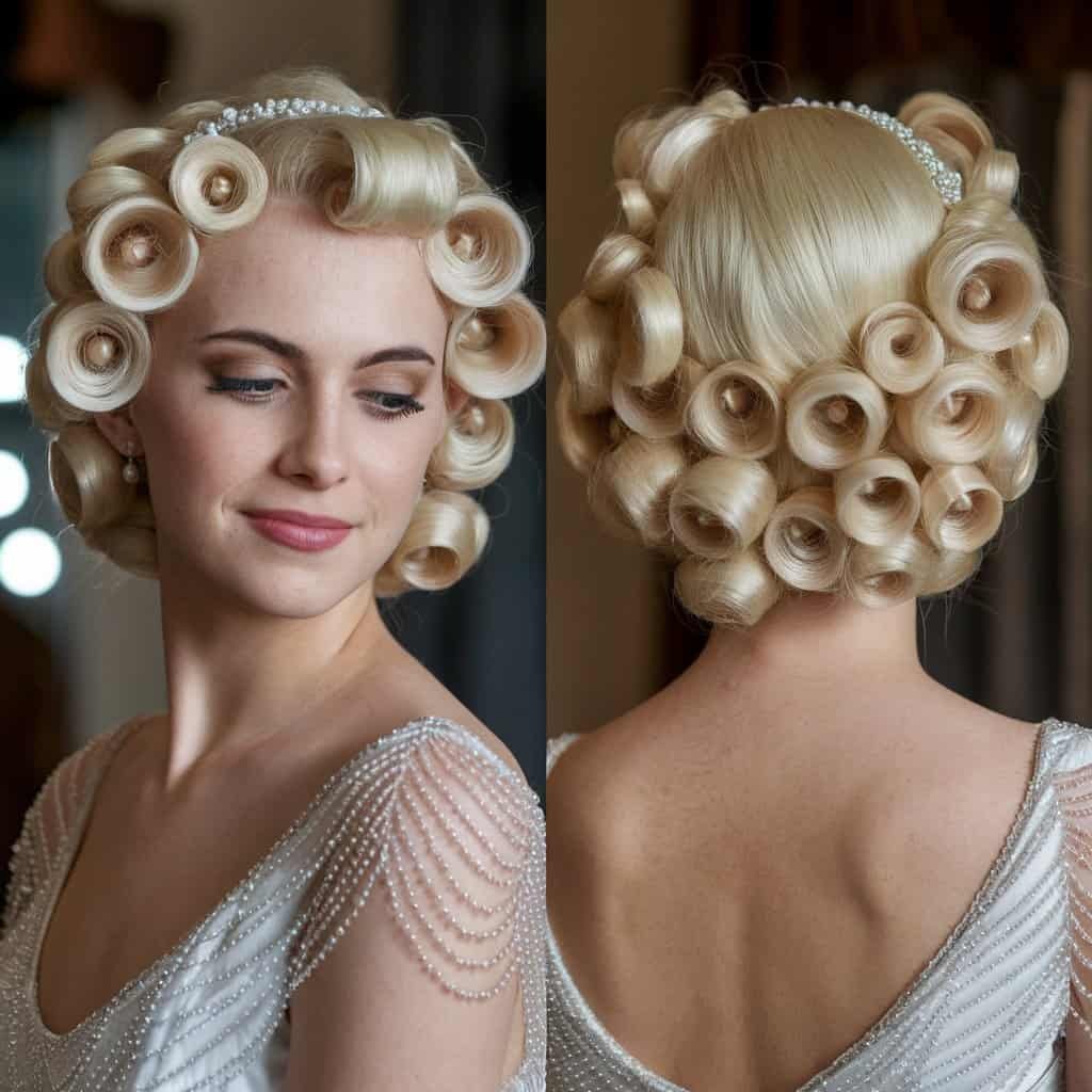 A side view of a bride with victory rolls, showcasing the retro elegance and structured silhouette.