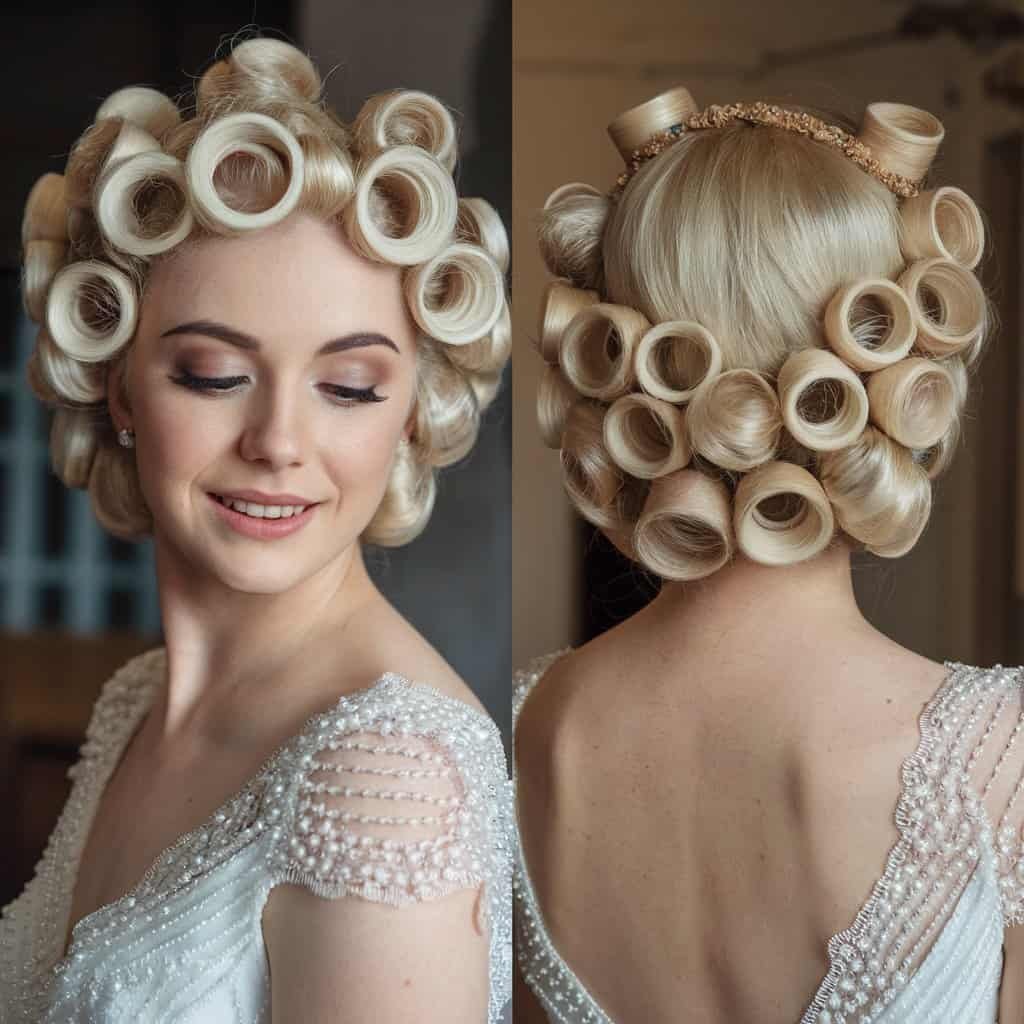 Close-up of a bride’s victory rolls, highlighting the smoothness and polished finish of the hairstyle