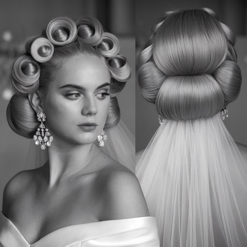 A bride with charming pin curls framing her face, showcasing soft, defined curls for a vintage vibe.