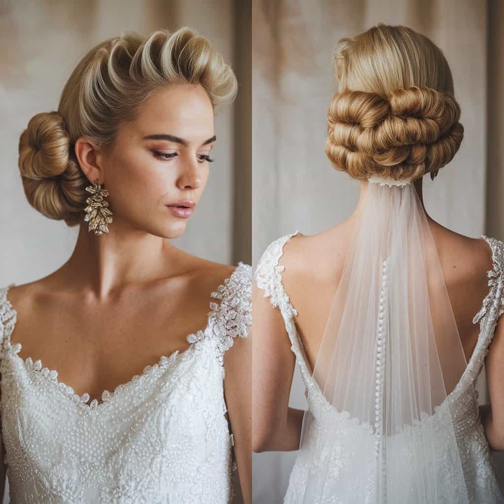 The back of a bride with pin curls, showcasing the smooth finish and the overall vintage-inspired look.