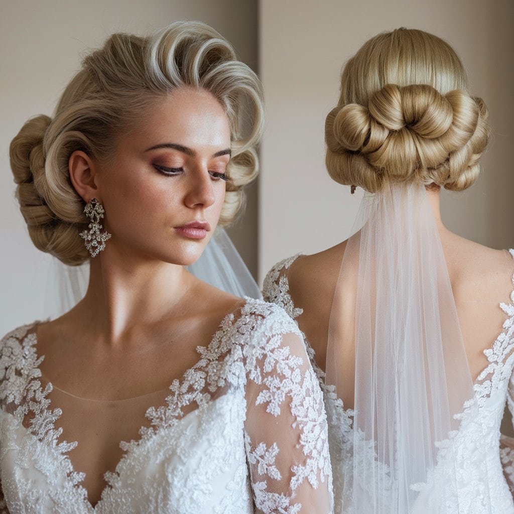 Close-up of a bride’s pin curls, highlighting the intricate details and classic elegance of the hairstyle.