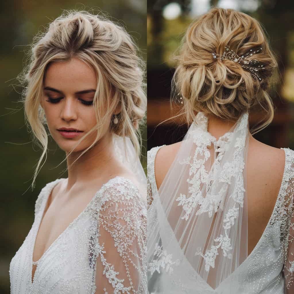 The back of a bride with a flower crown, revealing the soft waves and floral accents that create a whimsical look.